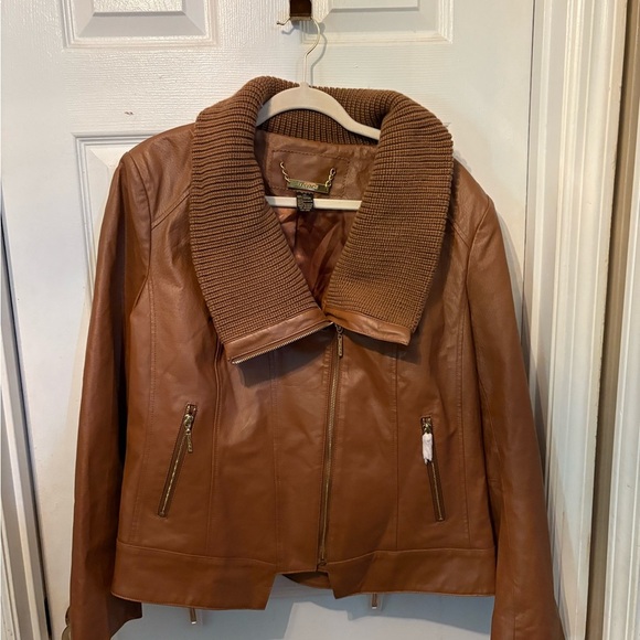 Brown Leather Jacket with Knit Collar new no tags - Picture 1 of 3